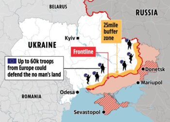 Mapa que ilustra una zona de amortiguamiento de Ucrania Rusia propuesta como parte de un acuerdo de paz.