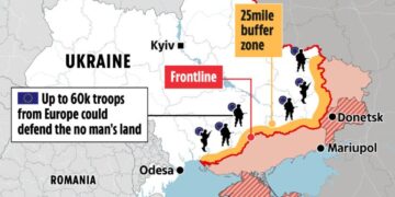 Mapa que ilustra una zona de amortiguamiento de Ucrania Rusia propuesta como parte de un acuerdo de paz.
