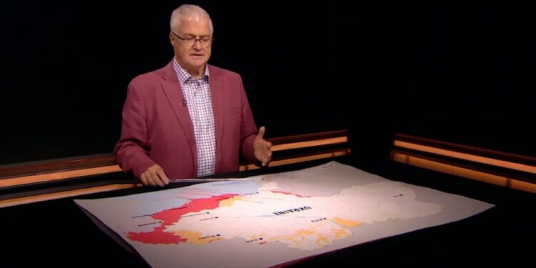 Ancre de noticias que presenta un mapa de Ucrania que destaca los planes de batalla.