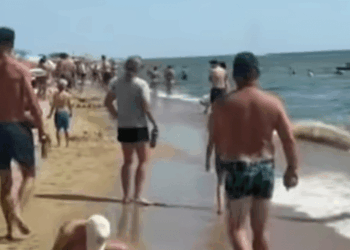 Playa llena de gente con gente caminando sobre la arena y en el agua.