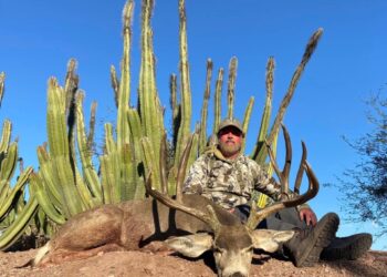 Cazador posando con un gran ciervo de mula del desierto.