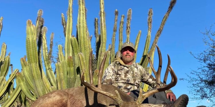 Cazador posando con un gran ciervo de mula del desierto.