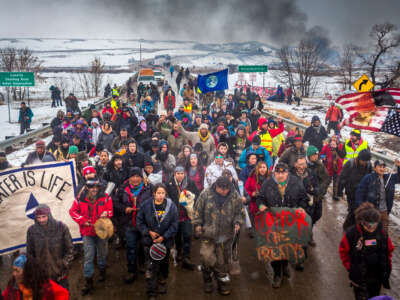Los protectores de agua indígenas y otros activistas ambientales protestan por la tubería de acceso de Dakota (DAPL) en Dakota del Norte el 22 de febrero de 2017.