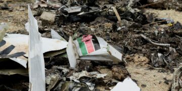 Escombros de un accidente aéreo en el suelo.