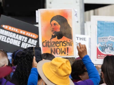 Los manifestantes están sosteniendo señales que leen "ciudadanía ahora."