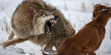 Un lobo descubre sus dientes mientras ataca a un lobo en la nieve.