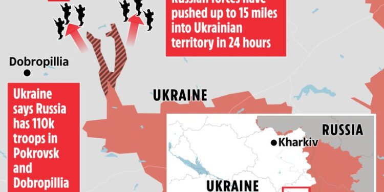 Ilustración de avances militares rusos en Ucrania.