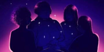 Una ilustración digital de cuatro mujeres, algo acurrucadas y siluitadas contra un amanecer, fomentando diez pequeñas estrellas que se ciernen sobre sus manos. La constelación de la cruz del sur se puede ver en el cielo detrás de ellos.