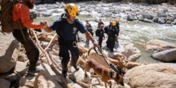 Un miembro del equipo de búsqueda y rescate civil, a la izquierda, da una mano a un miembro de un equipo de búsqueda y rescate urbano de FEMA mientras caminan por el río Broad después del huracán Helene el 2 de octubre de 2024 cerca de Chimney Rock, Carolina del Norte.