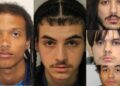 Cinco ladrones: Shian Johnson (L), Amin Alliche (C), Sofian Alliche (R Top), Alfie Hipple (R Center) y Joshua McCorquodale (R Inft), fueron condenados por el asesinato de un turista griego en Londres el 7 de julio de 2024. (Policía Metropolitan)