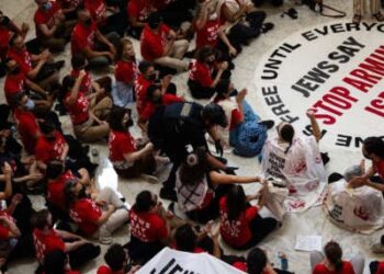 Los manifestantes de la voz judía para la paz protestan la guerra genocida de Israel en Gaza en el edificio de oficinas de Cannon House el 23 de julio de 2024 en Washington, DC
