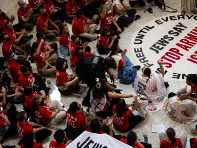 Los manifestantes de la voz judía para la paz protestan la guerra genocida de Israel en Gaza en el edificio de oficinas de Cannon House el 23 de julio de 2024 en Washington, DC