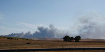 Fumar desde un incendio forestal cerca de la playa de Bolonia en Tarifa, España.