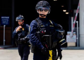 Los oficiales del Departamento de Seguridad Nacional (DHS) se encuentran al guardia frente al Centro de Detención y Detención Federal Edward R. Roybal, mientras que los manifestantes protestan en Los Ángeles el 2 de agosto de 2025. (APU Gomes/Getty Images)