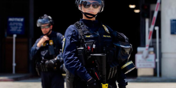 Los oficiales del Departamento de Seguridad Nacional (DHS) se encuentran al guardia frente al Centro de Detención y Detención Federal Edward R. Roybal, mientras que los manifestantes protestan en Los Ángeles el 2 de agosto de 2025. (APU Gomes/Getty Images)