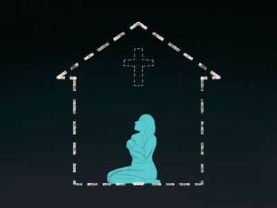 Una ilustración de una mujer sosteniendo a un bebé dentro del contorno punteado de una iglesia