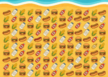 Ilustración de una escena de playa con un patrón de hot dogs, hamburguesas, maíz en la mazorca, ketchup, mostaza y botellas de leche; Un rompecabezas visual para encontrar la mostaza y el hot dog faltante.