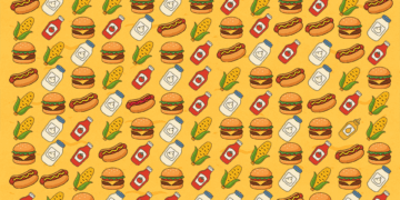 Ilustración de una escena de playa con un patrón de hot dogs, hamburguesas, maíz en la mazorca, ketchup, mostaza y botellas de leche; Un rompecabezas visual para encontrar la mostaza y el hot dog faltante.