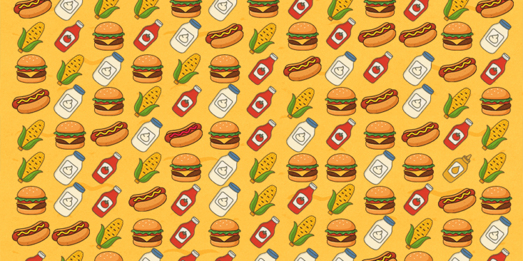Ilustración de una escena de playa con un patrón de hot dogs, hamburguesas, maíz en la mazorca, ketchup, mostaza y botellas de leche; Un rompecabezas visual para encontrar la mostaza y el hot dog faltante.