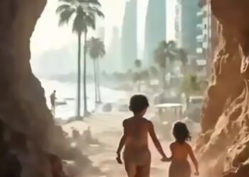 Imagen generada por IA de dos niños que salen de una cueva hacia una playa y un horizonte de la ciudad.