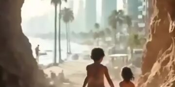 Imagen generada por IA de dos niños que salen de una cueva hacia una playa y un horizonte de la ciudad.