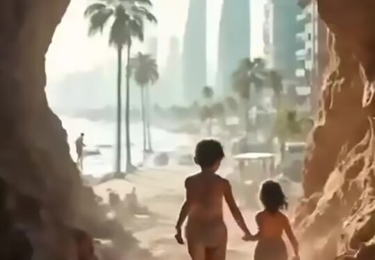 Imagen generada por IA de dos niños que salen de una cueva hacia una playa y un horizonte de la ciudad.