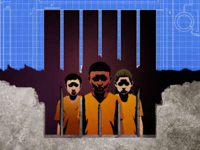 Niños como prisioneros detrás de una pared de prisión desmoronada y bares y planos para un nuevo muro de prisión y bares.