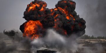 Rescatadores ucranianos que luchan contra un incendio en un edificio dañado.