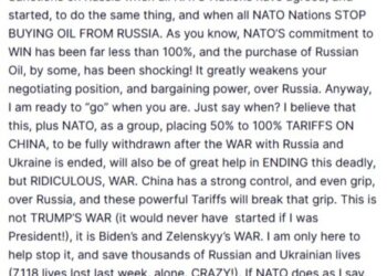 Captura de pantalla de un tweet de Donald J. Trump proponiendo sanciones a Rusia y aranceles a China para poner fin a la guerra en Ucrania.
