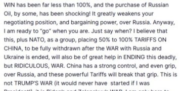 Captura de pantalla de un tweet de Donald J. Trump proponiendo sanciones a Rusia y aranceles a China para poner fin a la guerra en Ucrania.