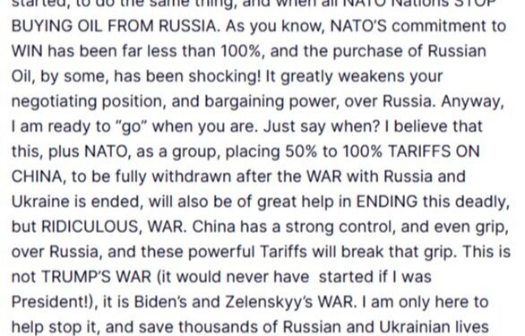 Captura de pantalla de un tweet de Donald J. Trump proponiendo sanciones a Rusia y aranceles a China para poner fin a la guerra en Ucrania.
