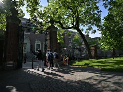 Un grupo de estudiantes pasa por una puerta que sale de Harvard Yard el 27 de mayo de 2025, en Cambridge, Massachusetts.