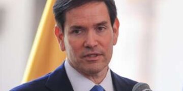 El secretario Marco Rubio habla durante una conferencia de prensa el 4 de septiembre de 2025 en Quito, Ecuador.
