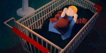 Una ilustración digital de un bebé ubicado en camisas mientras dormía en un carrito de compras reutilizado como una cuna, afuera.