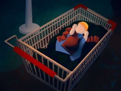 Una ilustración digital de un bebé ubicado en camisas mientras dormía en un carrito de compras reutilizado como una cuna, afuera.