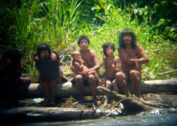 Miembros de la tribu Mashco-Piro que observan viajeros desde el otro lado de un río.