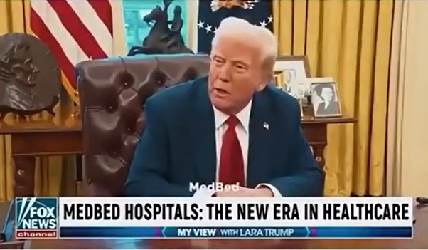Un video generado artificialmente de Donald Trump promoviendo "Hospitales Medbed."