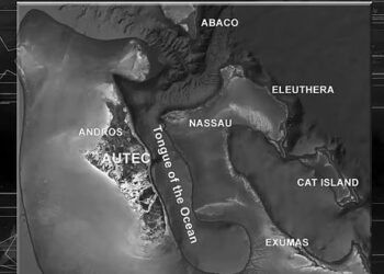 Mapa que muestra las islas de las Bahamas, incluidos Andros, Nassau, Eleuthera, Abaco, Cat Island y Exumas, y la lengua del océano.