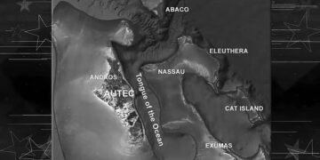 Mapa que muestra las islas de las Bahamas, incluidos Andros, Nassau, Eleuthera, Abaco, Cat Island y Exumas, y la lengua del océano.