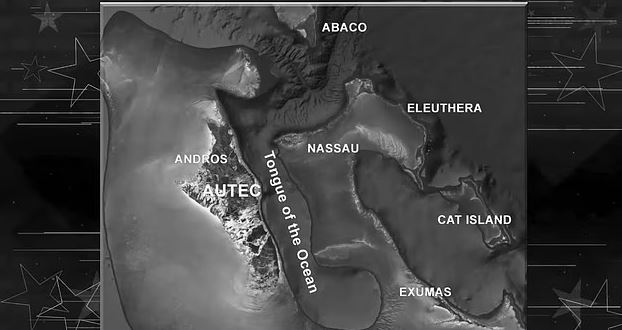 Mapa que muestra las islas de las Bahamas, incluidos Andros, Nassau, Eleuthera, Abaco, Cat Island y Exumas, y la lengua del océano.