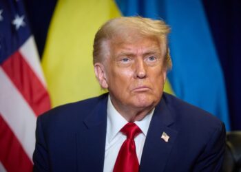 Captura de pantalla de dos hombres en un conjunto rojo con subtítulos que describen a Sergei Karaganov y una cita sobre las armas nucleares.