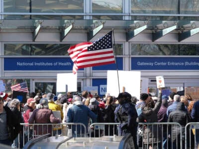 Los manifestantes protestan los recortes de fondos fuera de los Institutos Nacionales de Salud en Bethesda, Maryland, el 8 de marzo de 2025.