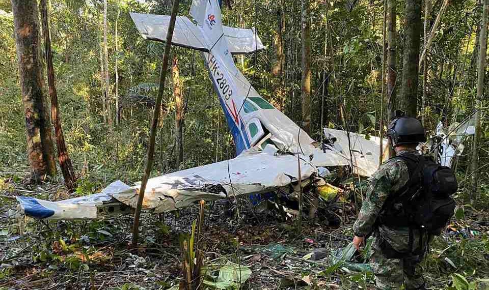 Un soldado en camuflaje se encuentra cerca de los restos de un avión en un bosque denso.