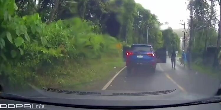 Las imágenes de Dashcam de un SUV se detuvieron en una carretera, con puertas abiertas y personas que emergen del vehículo.