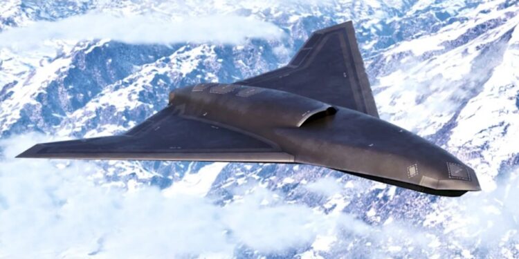 Ilustración de un avión gris sigiloso que vuela sobre montañas nevadas.