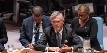 Embajador Andrii Melnyk de Ucrania en una reunión del Consejo de Seguridad de la ONU.