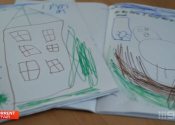 Ilustración de garabatos para niños, incluidos una casa y un cerdo.