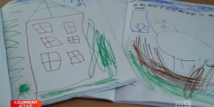 Ilustración de garabatos para niños, incluidos una casa y un cerdo.