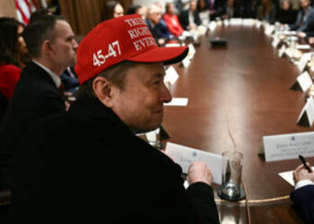 Elon Musk, con un sombrero rojo, observa mientras el presidente Donald Trump organiza una reunión de gabinete en la Sala del Gabinete de la Casa Blanca el 24 de marzo de 2025, en Washington, DC.