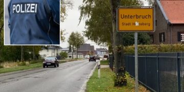 Un collage de imágenes que contiene 2 imágenes. La imagen 1 muestra una vista de la calle de Unterbruch en Stadt Heinsberg, Alemania. La imagen 2 muestra la vista trasera de un oficial de policía.